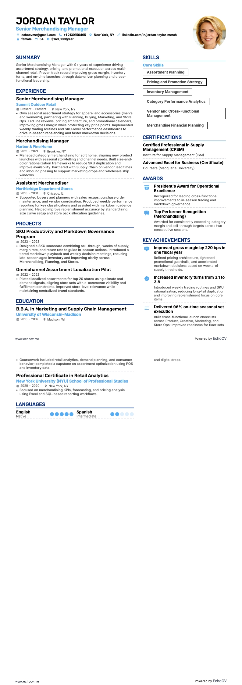 Leitender Merchandising-Manager example resume
