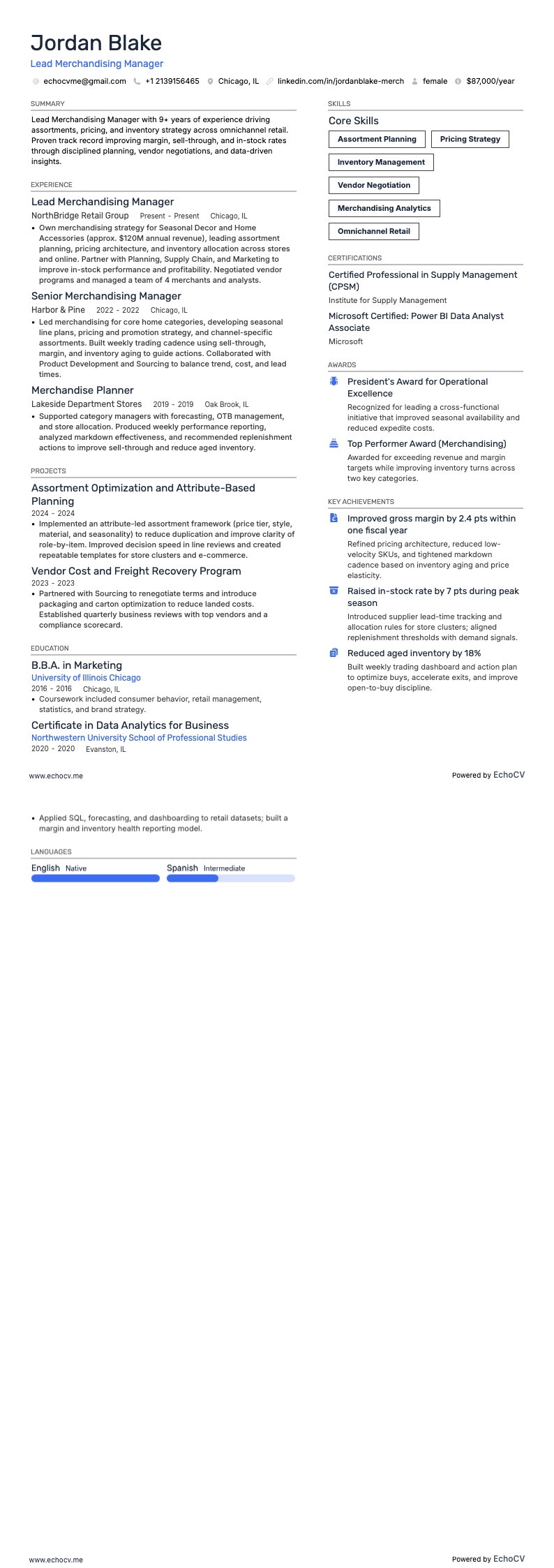 Leitender Merchandising-Manager example resume