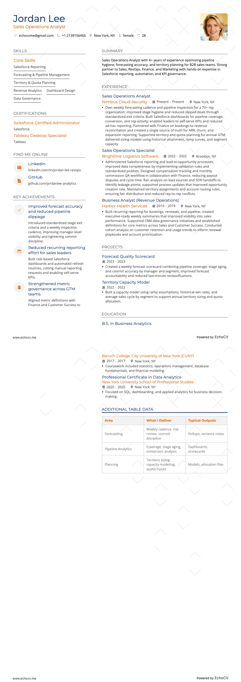 Analista de Operações de Vendas example resume