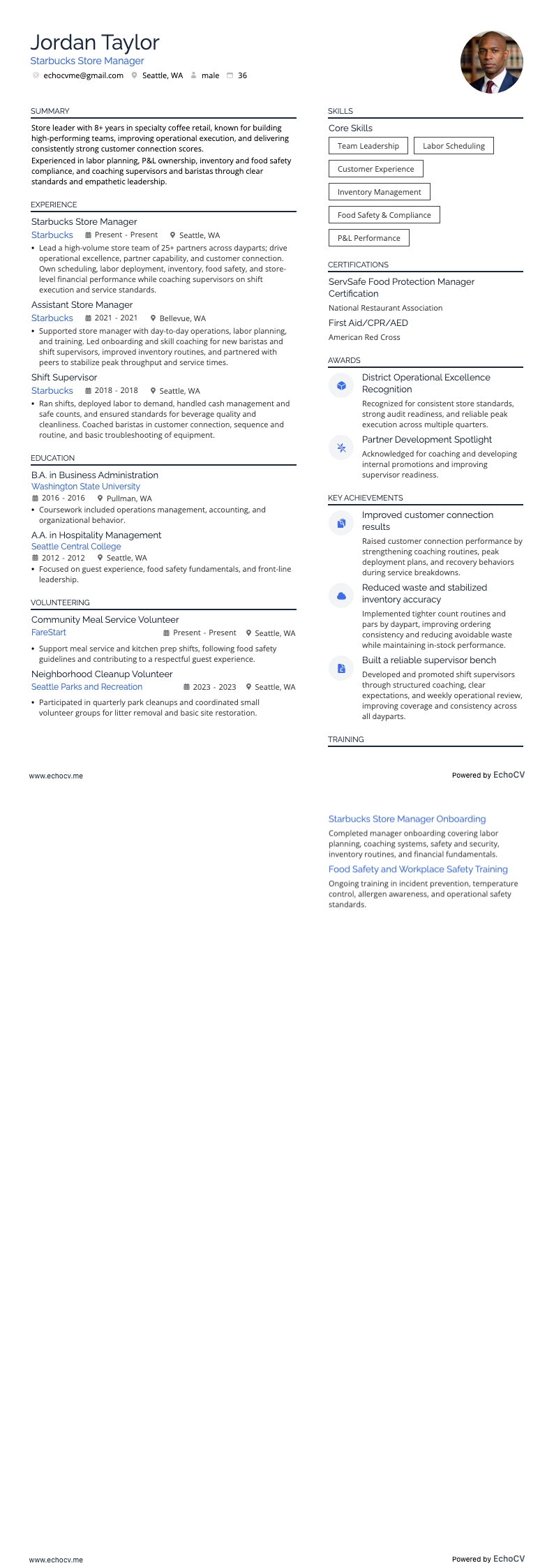 Starbucks Store Manager example resume