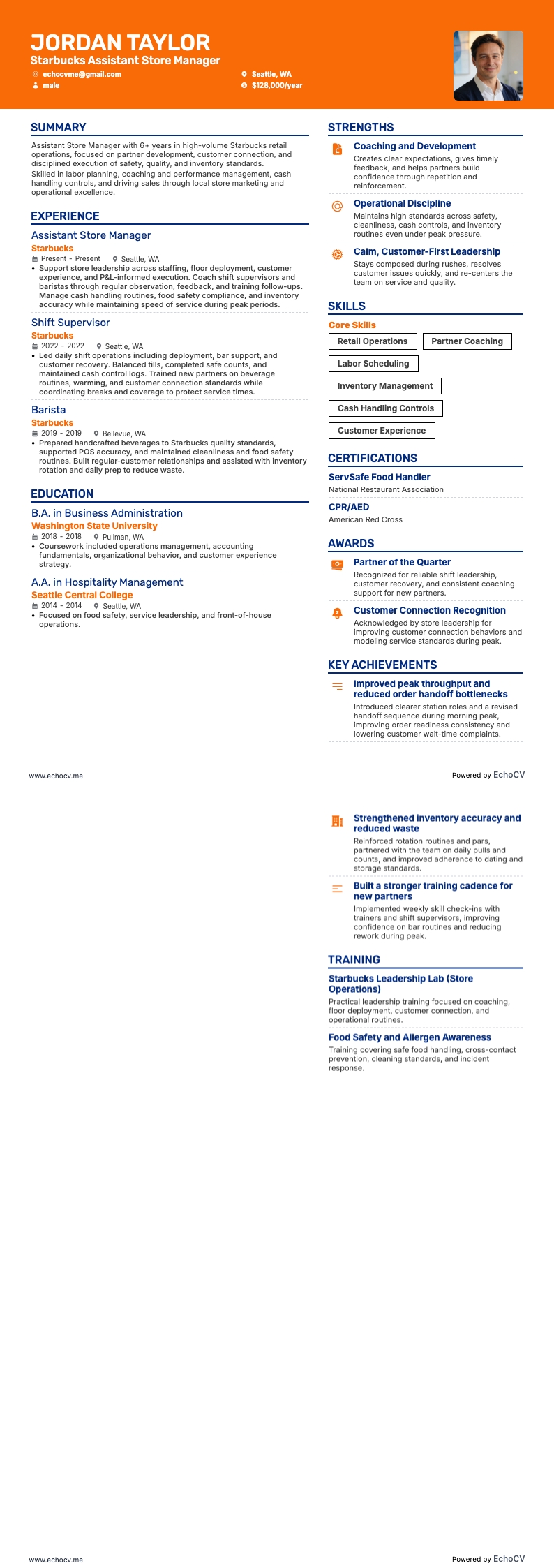 Starbucks Assistant Store Manager example resume