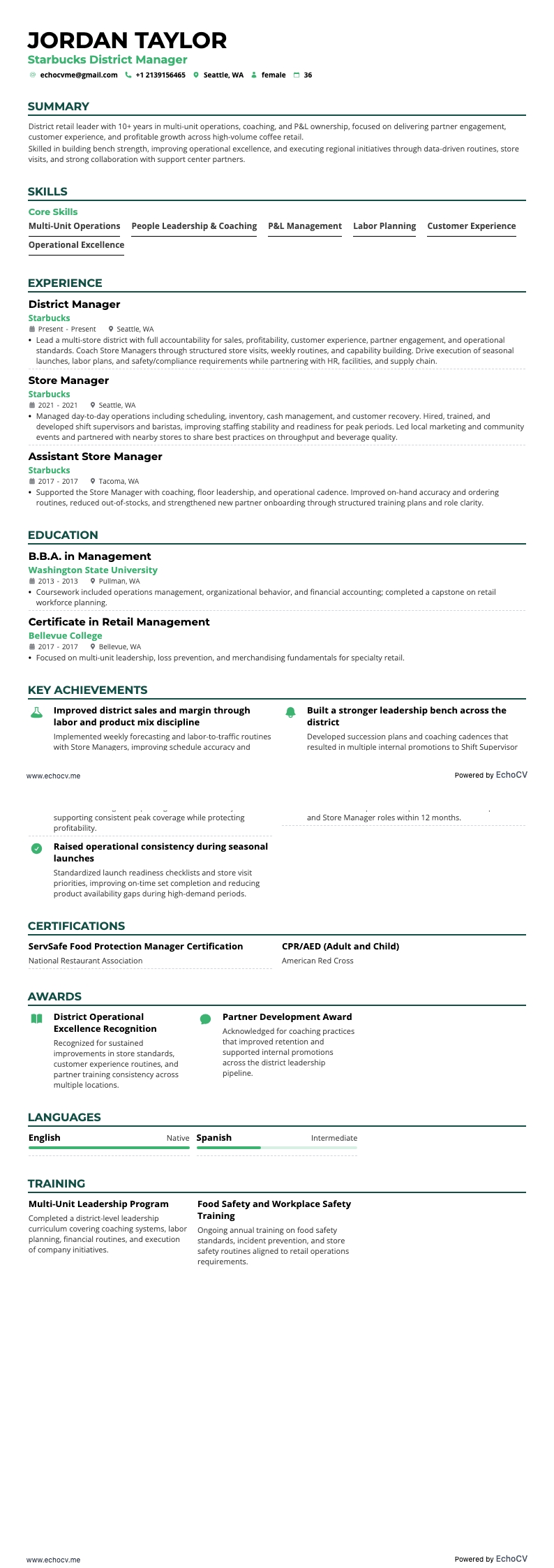 Starbucks District Manager example resume