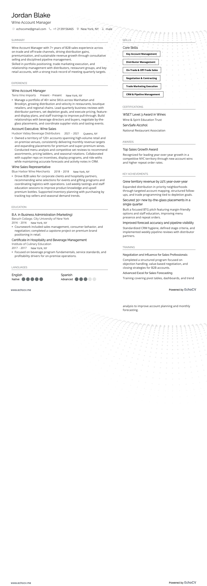 Wine Account Manager example resume