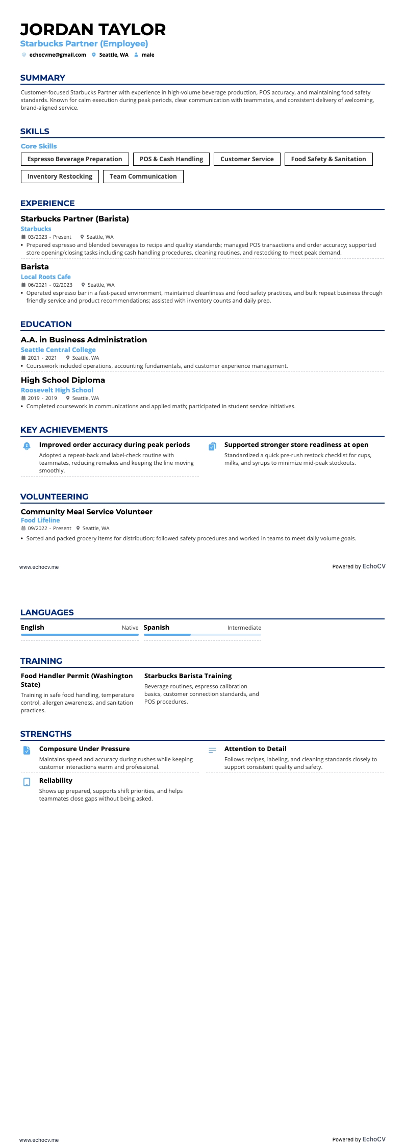Starbucks Partner (Employee) example resume