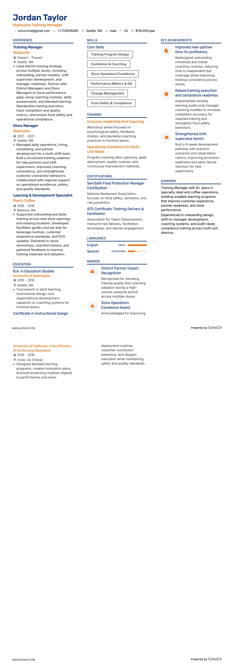 Starbucks Training Manager example resume