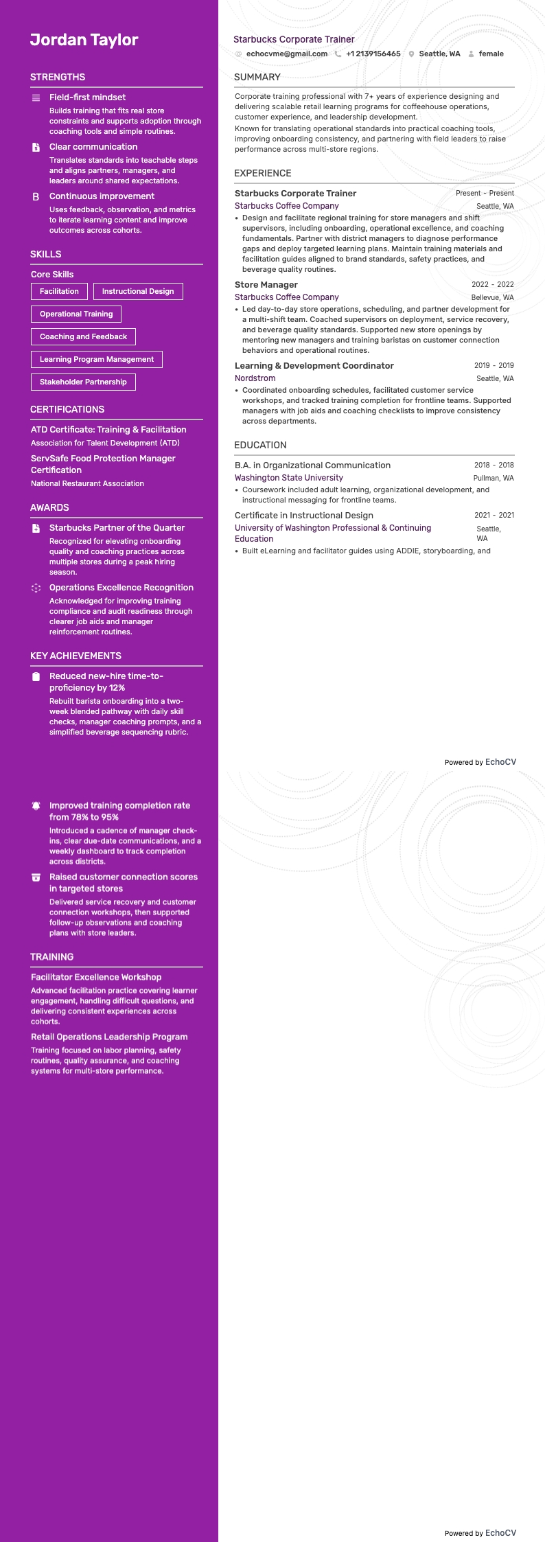 Starbucks Corporate Trainer example resume