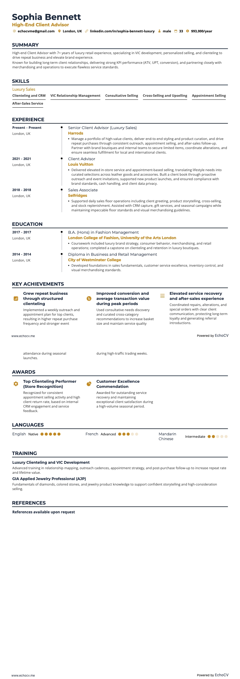 High-End Client Advisor example resume