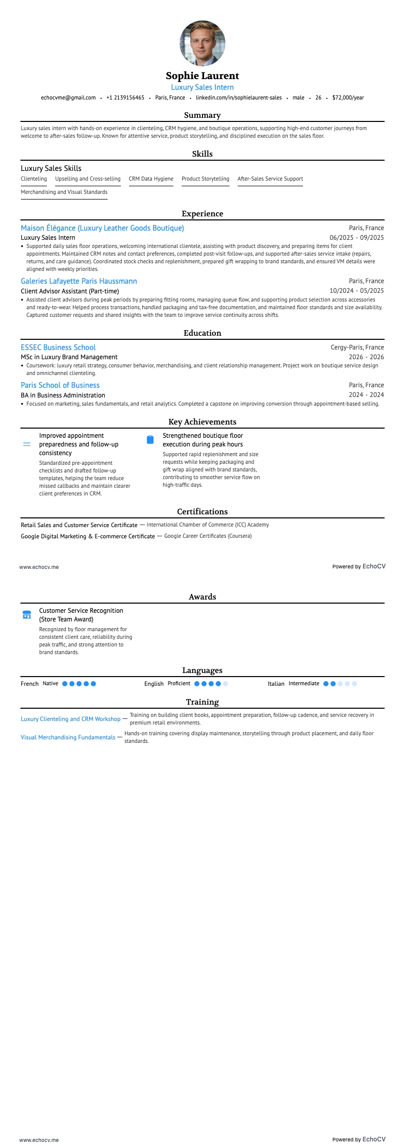 Luxury Sales Intern example resume