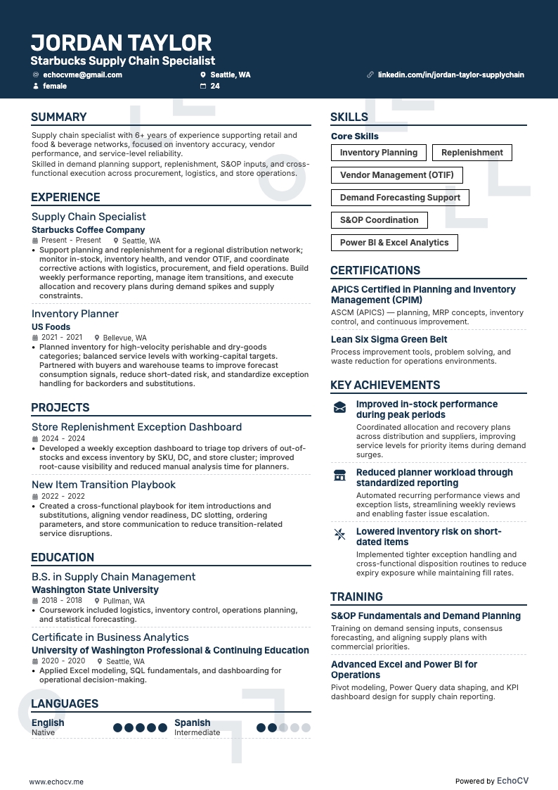 Starbucks Supply Chain Specialist example resume