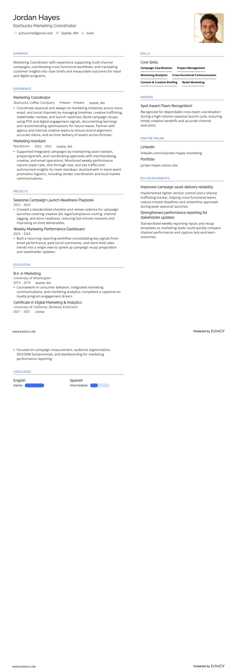 Starbucks Marketing Coordinator example resume