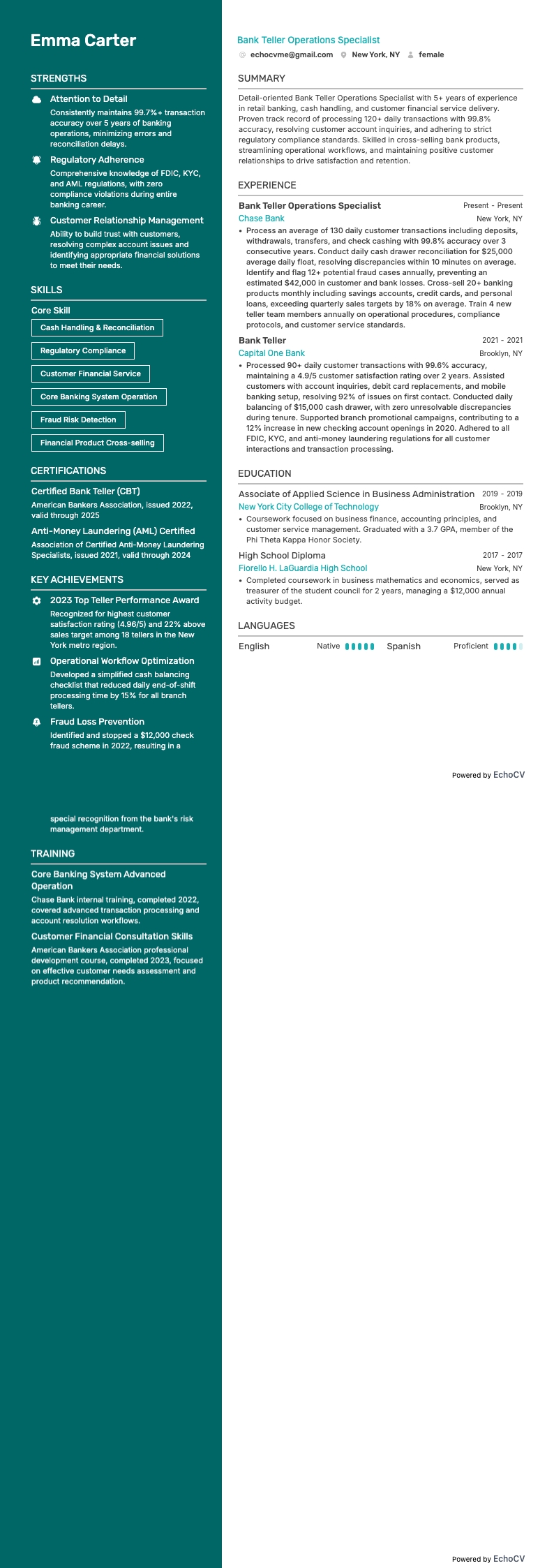 Bank Teller Operations Specialist example resume