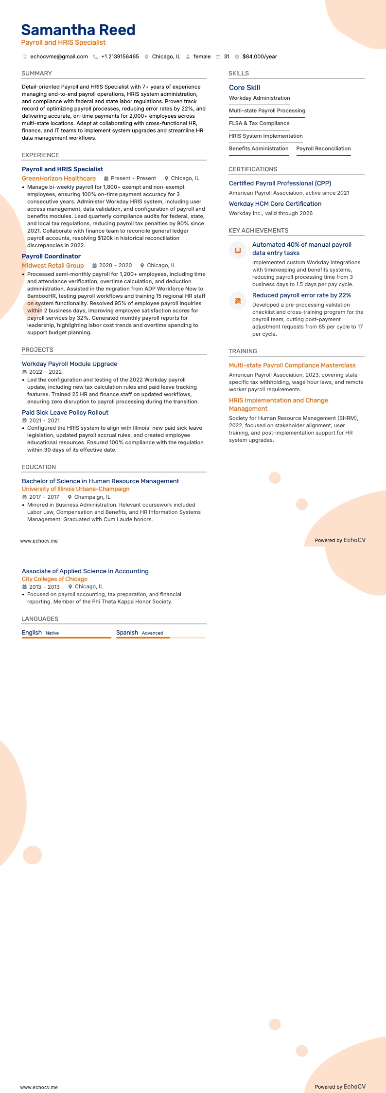 Specialist inom lön och HRIS example resume