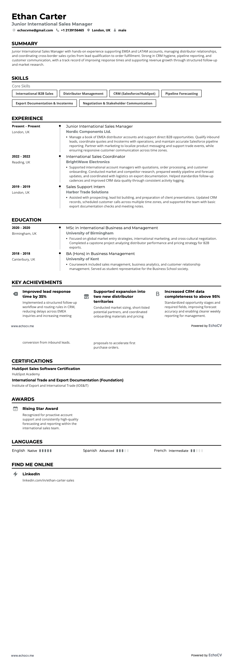 Junior International Sales Manager example resume