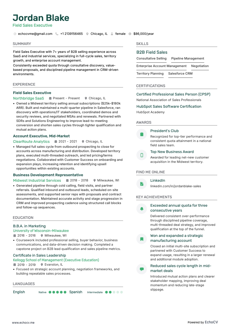 フィールドセールス担当者 example resume