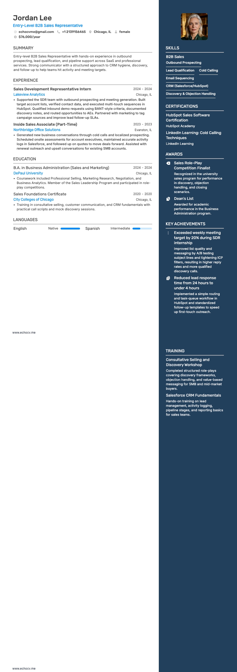未経験向けB2B営業担当 example resume