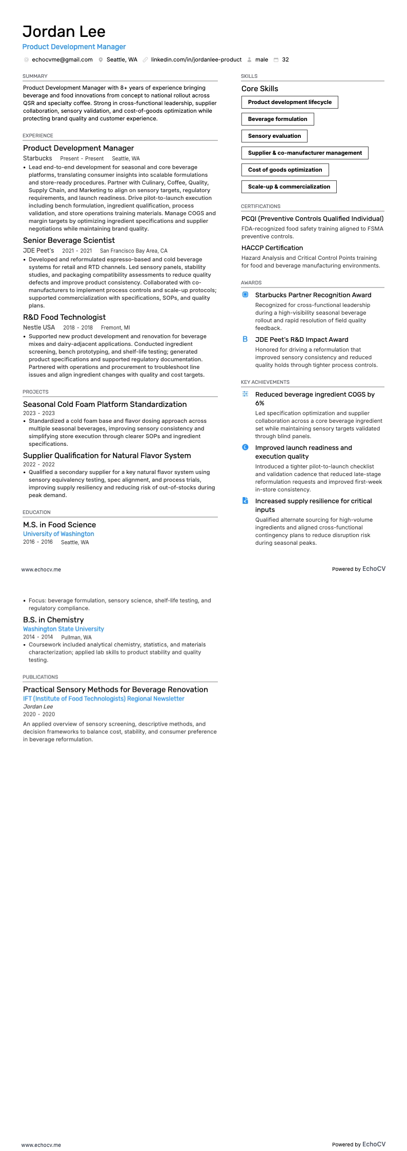 Starbucks Product Development Manager example resume
