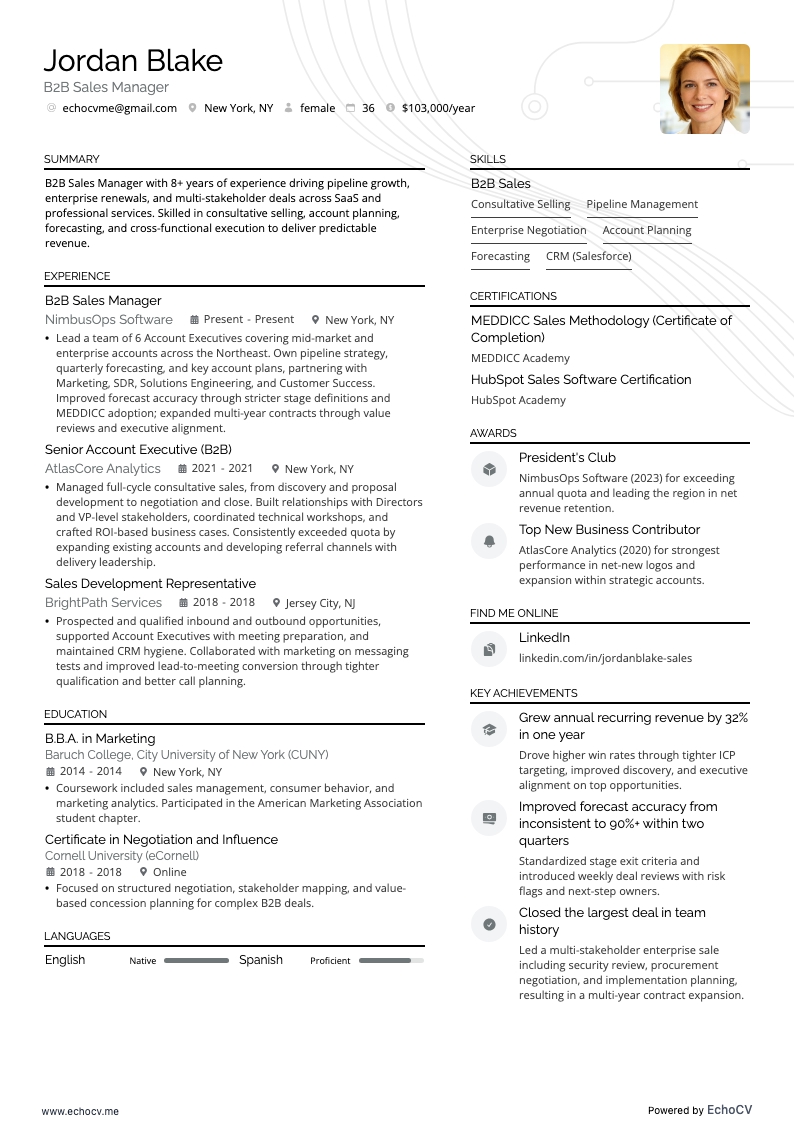 B2B営業 resume example