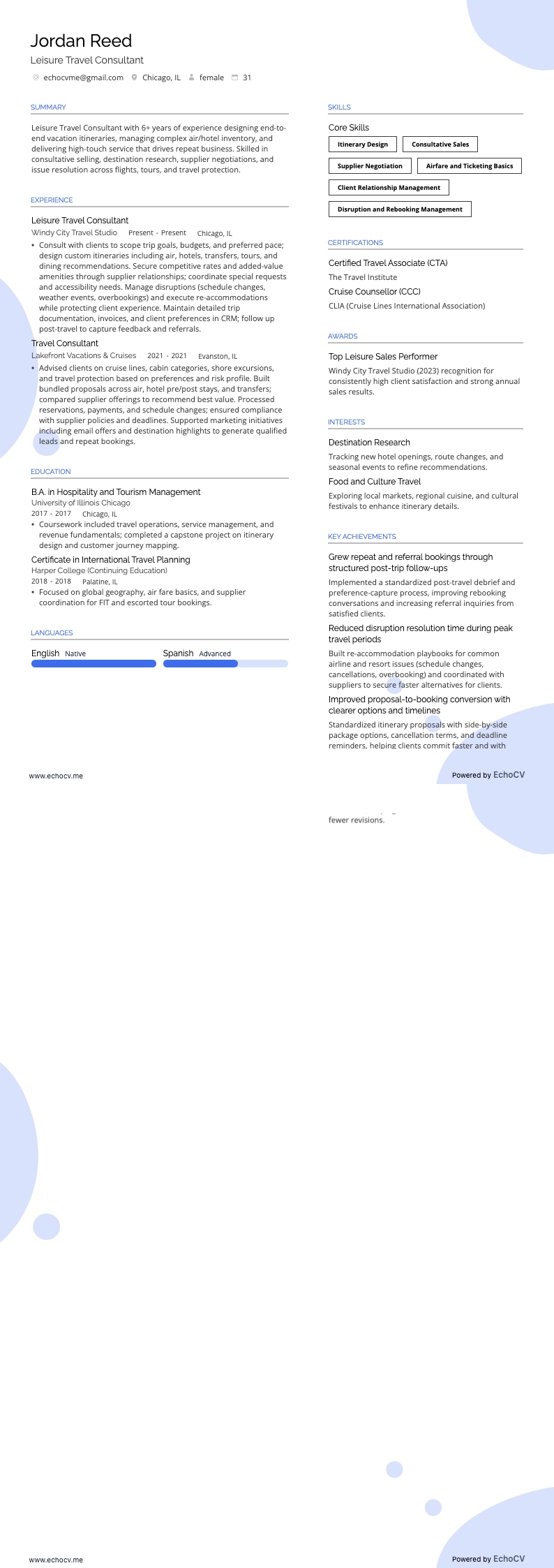 Adviseur vrijetijdsreizen example resume