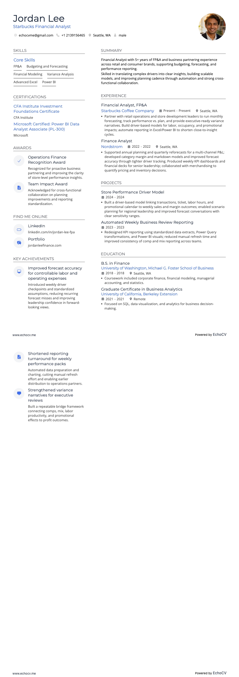 Starbucks Financial Analyst example resume