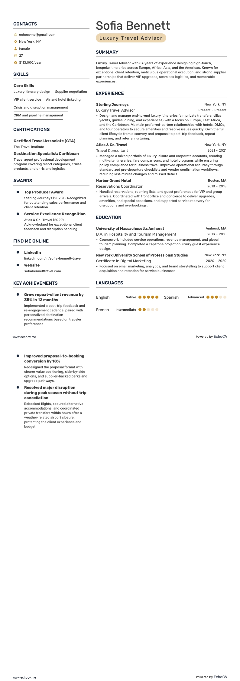 Adviseur luxe reizen example resume