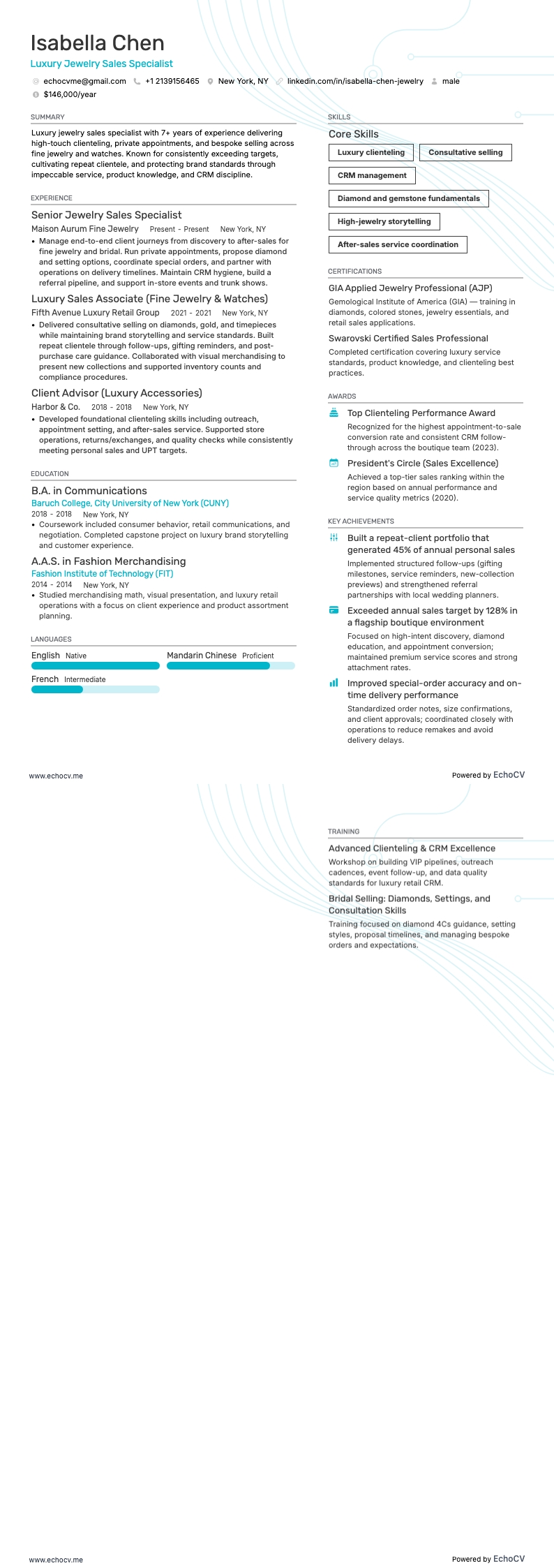 Luxury Jewelry Sales Specialist example resume