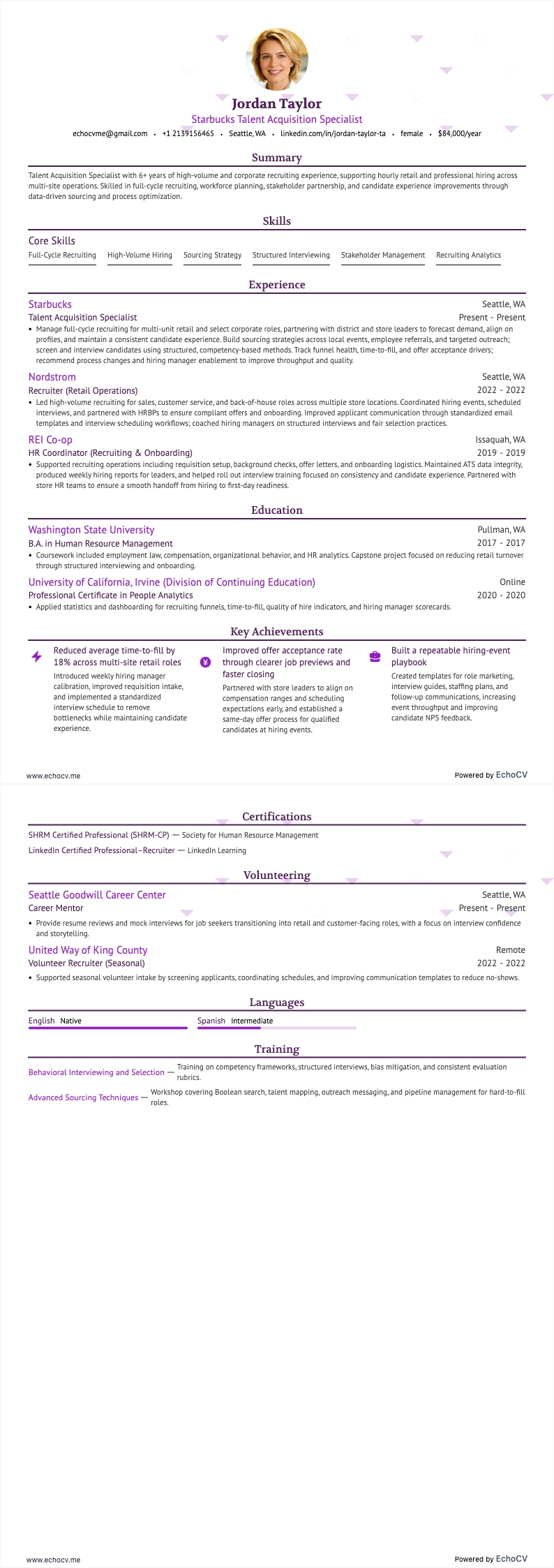 Starbucks Talent Acquisition Specialist example resume