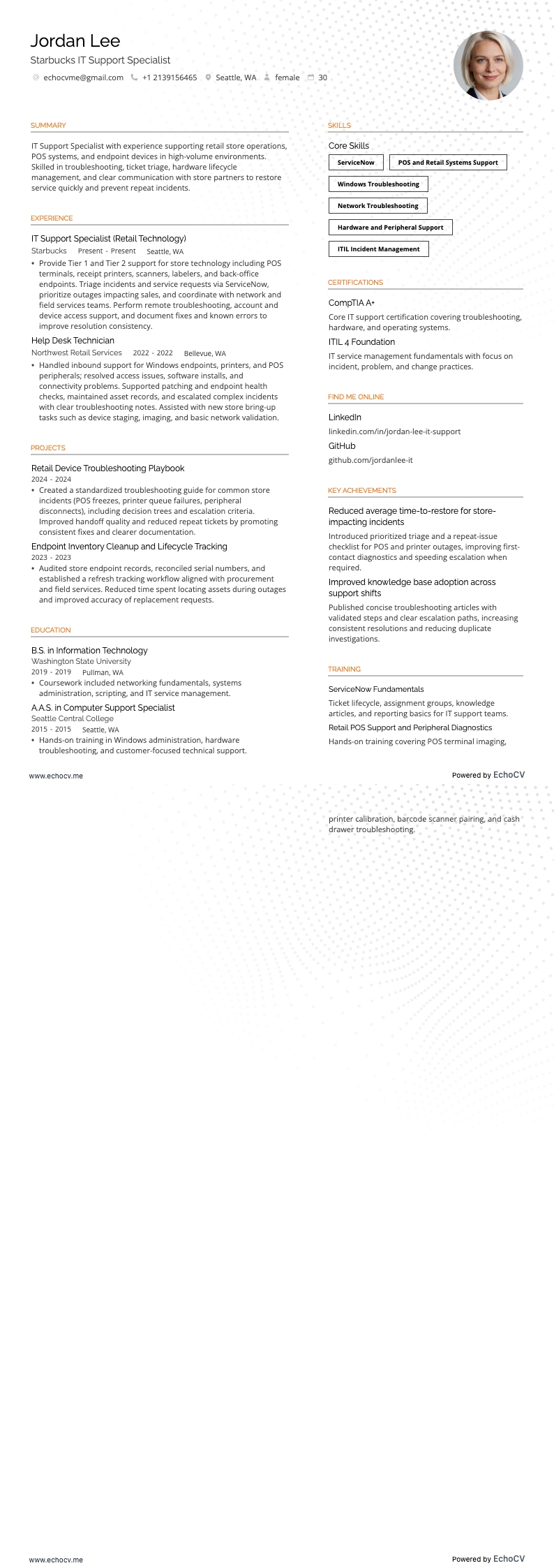 Starbucks IT Support Specialist example resume
