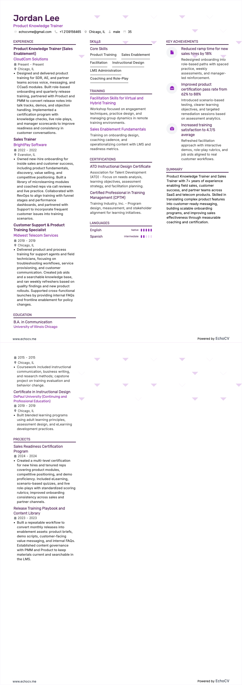 Utbildare i produktkunskap example resume