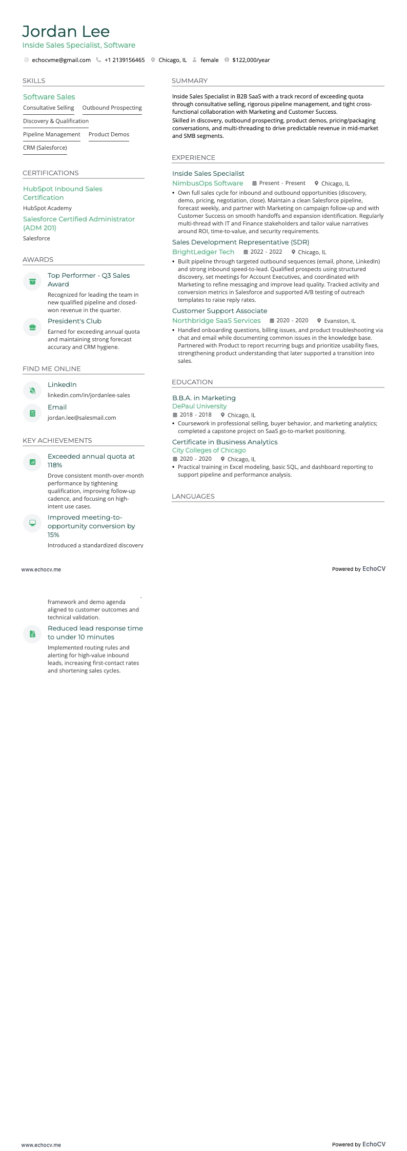 Inside Sales Specialist, Software example resume