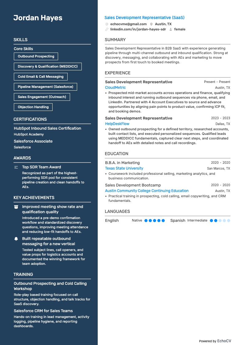 Sales Development Representative, SaaS example resume