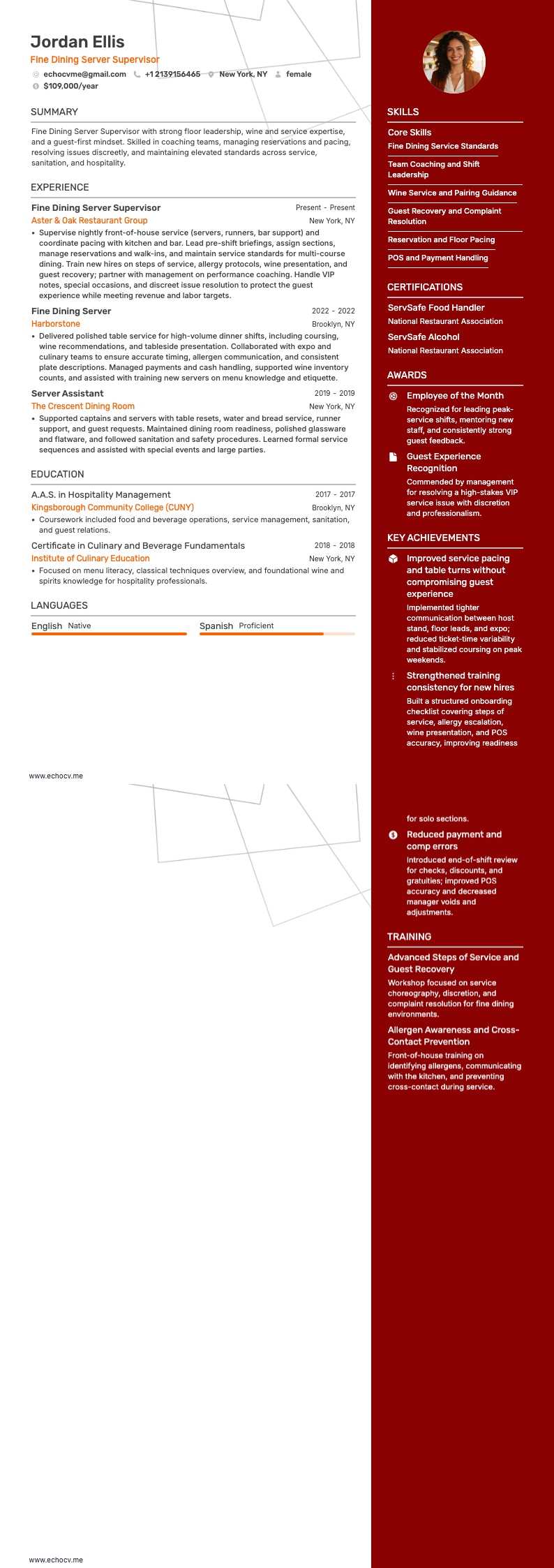 Fine Dining Server Supervisor example resume