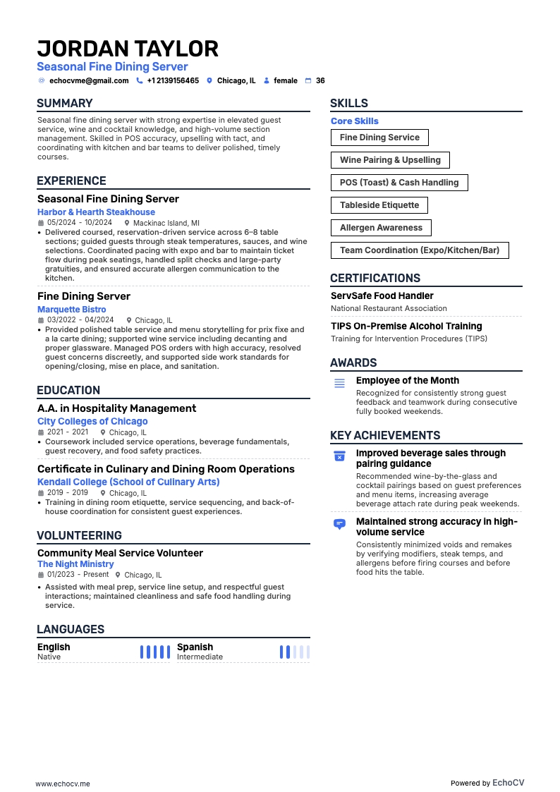Seasonal Fine Dining Server example resume