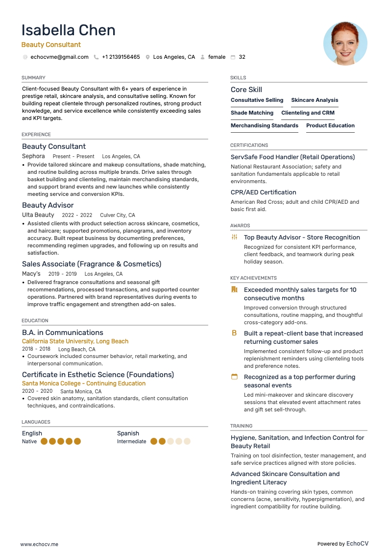 Beauty Consultant example resume