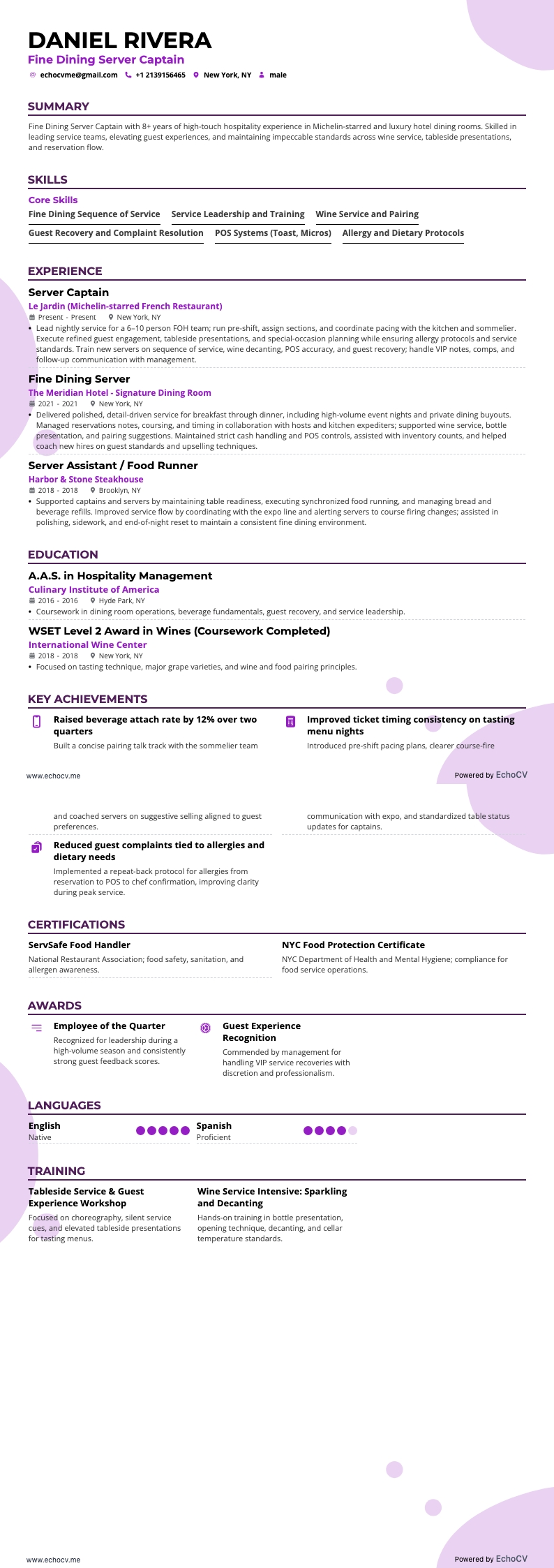 Fine Dining Server Captain example resume