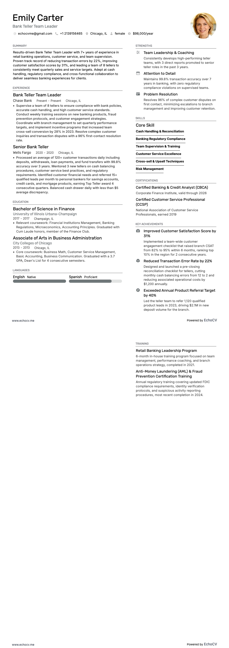 Bank Teller Team Leader example resume