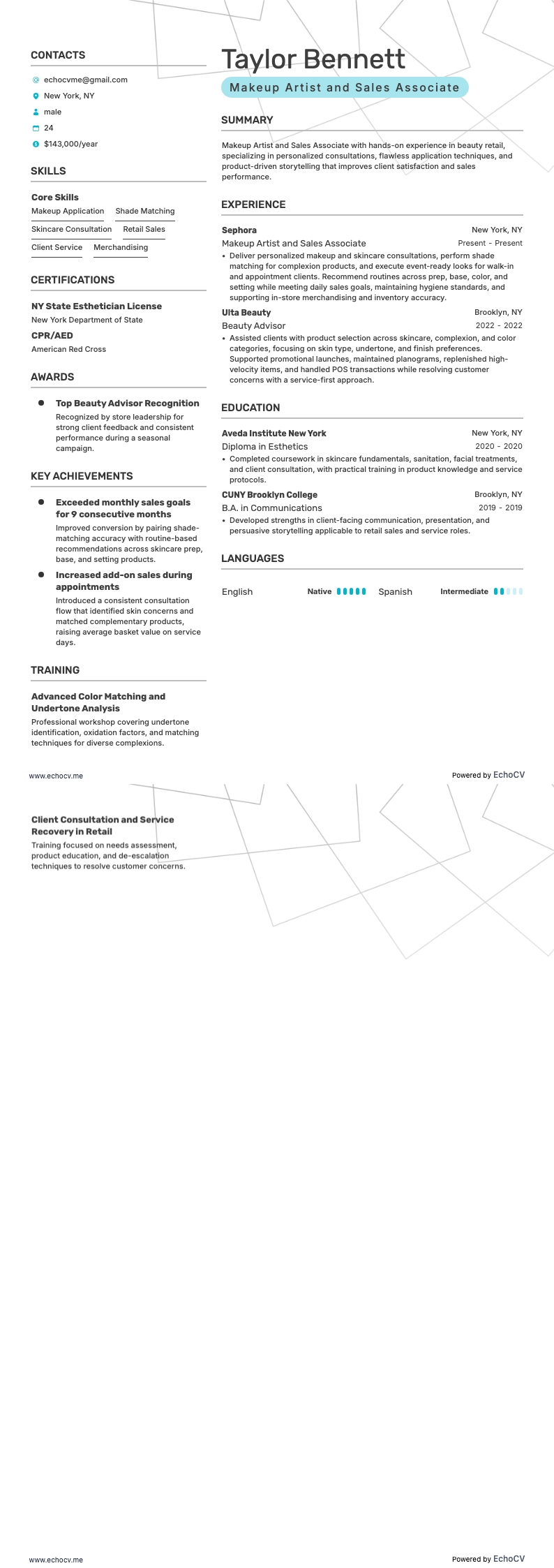 Makeup Artist and Sales Associate example resume