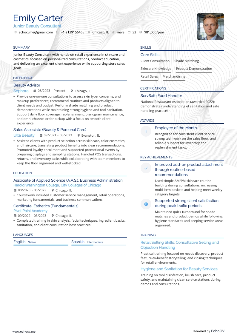 Junior Beauty Consultant example resume