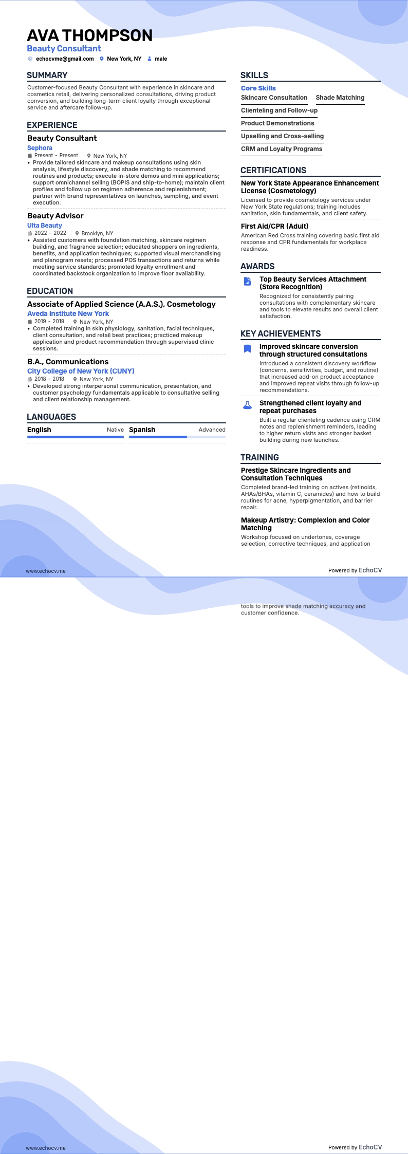 Beauty Consultant example resume