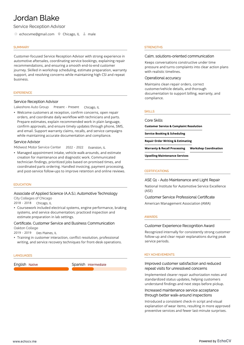 Service Advisor resume example