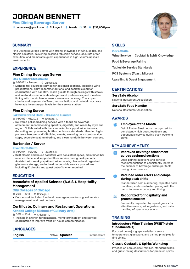 Fine Dining Beverage Server example resume