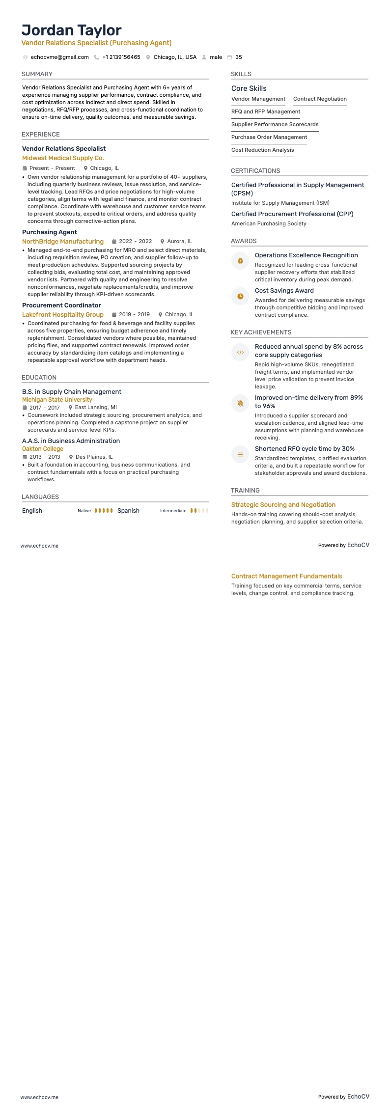 ベンダーリレーションズスペシャリスト resume example