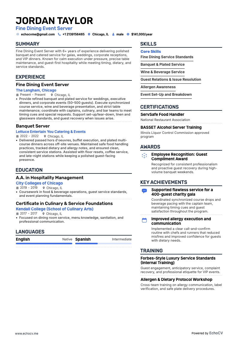 Fine Dining Event Server example resume