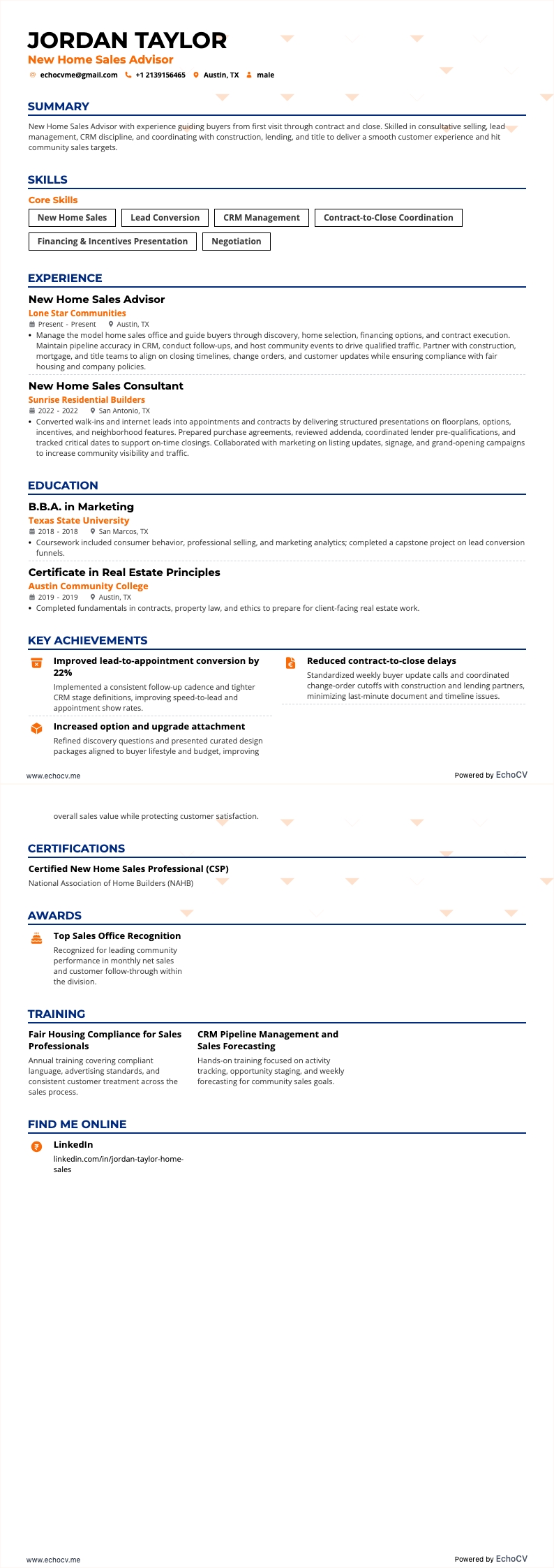 New Home Sales Advisor example resume