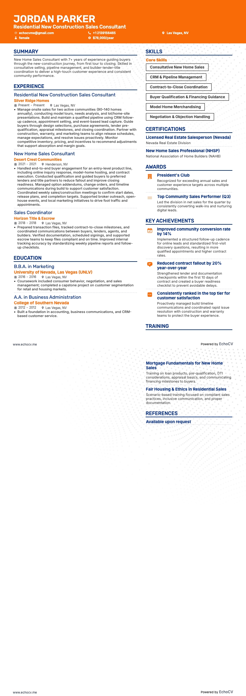 Residential New Construction Sales Consultant example resume