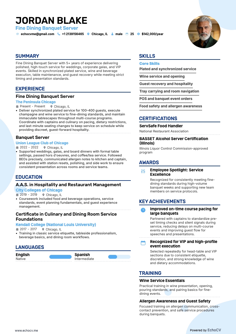 Cameriere di ristorante gourmet resume example