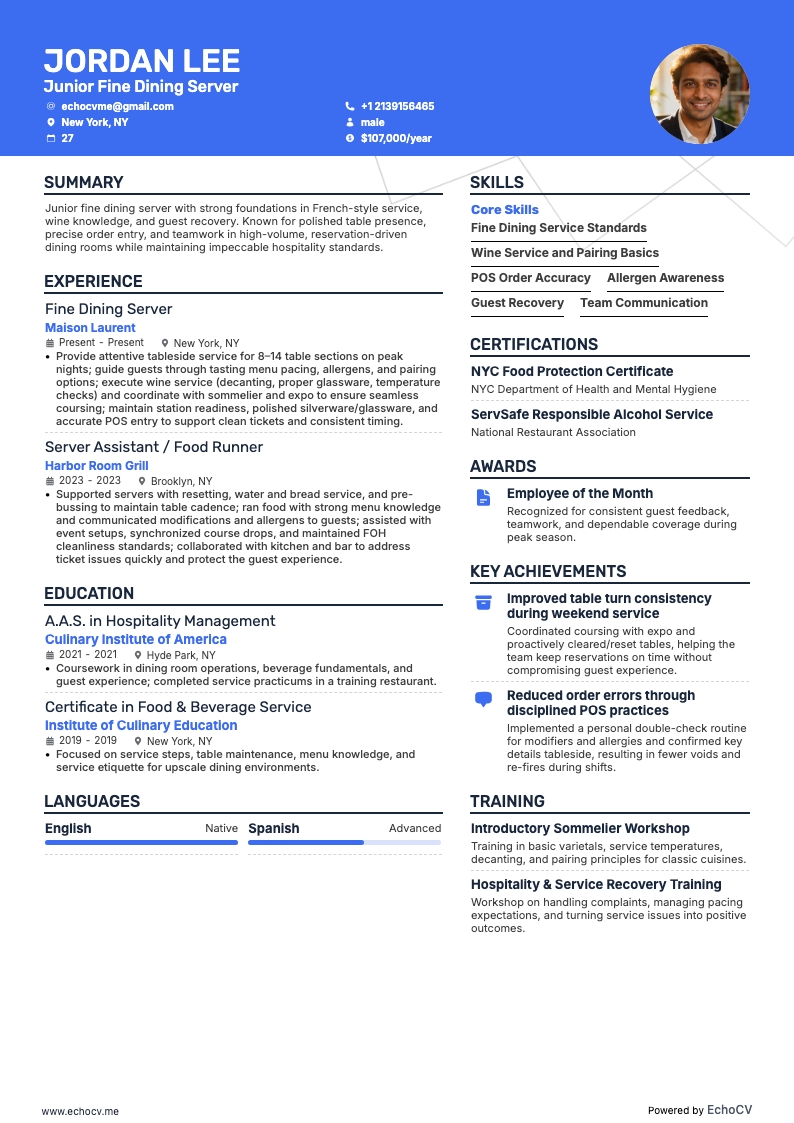 Junior Fine Dining Server example resume