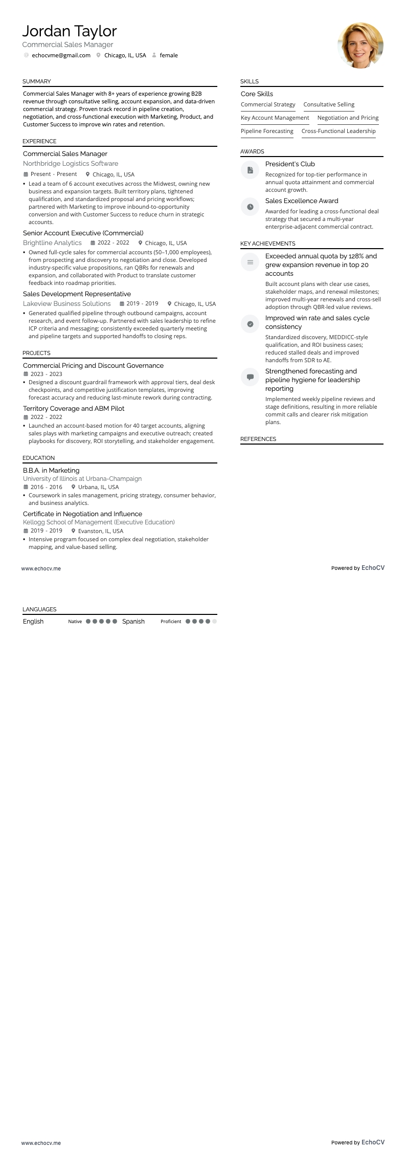 営業マネージャー example resume