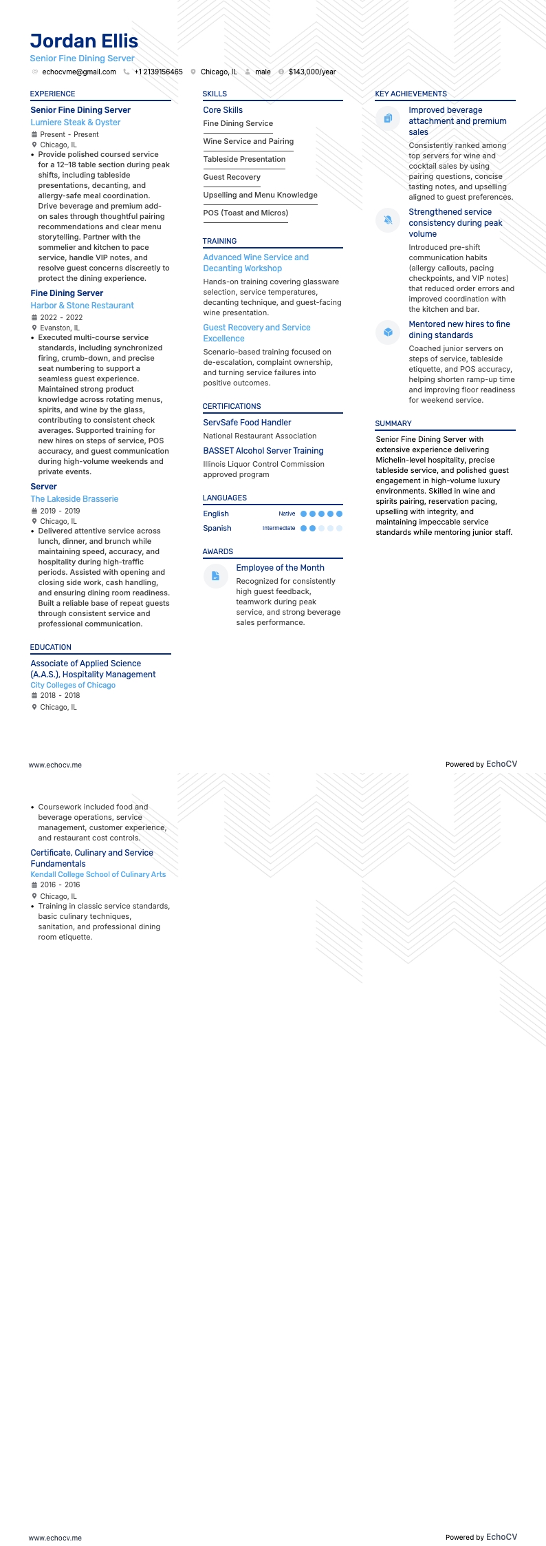 Senior Fine Dining Server example resume