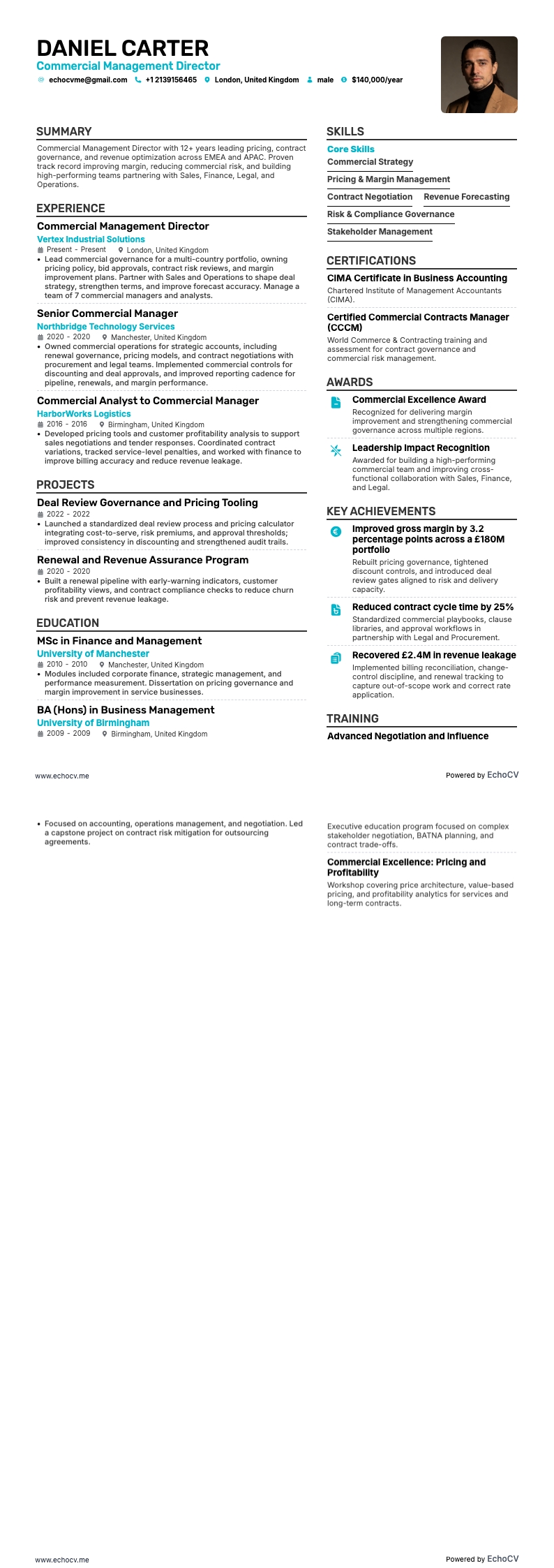 コマーシャルマネージャー resume example