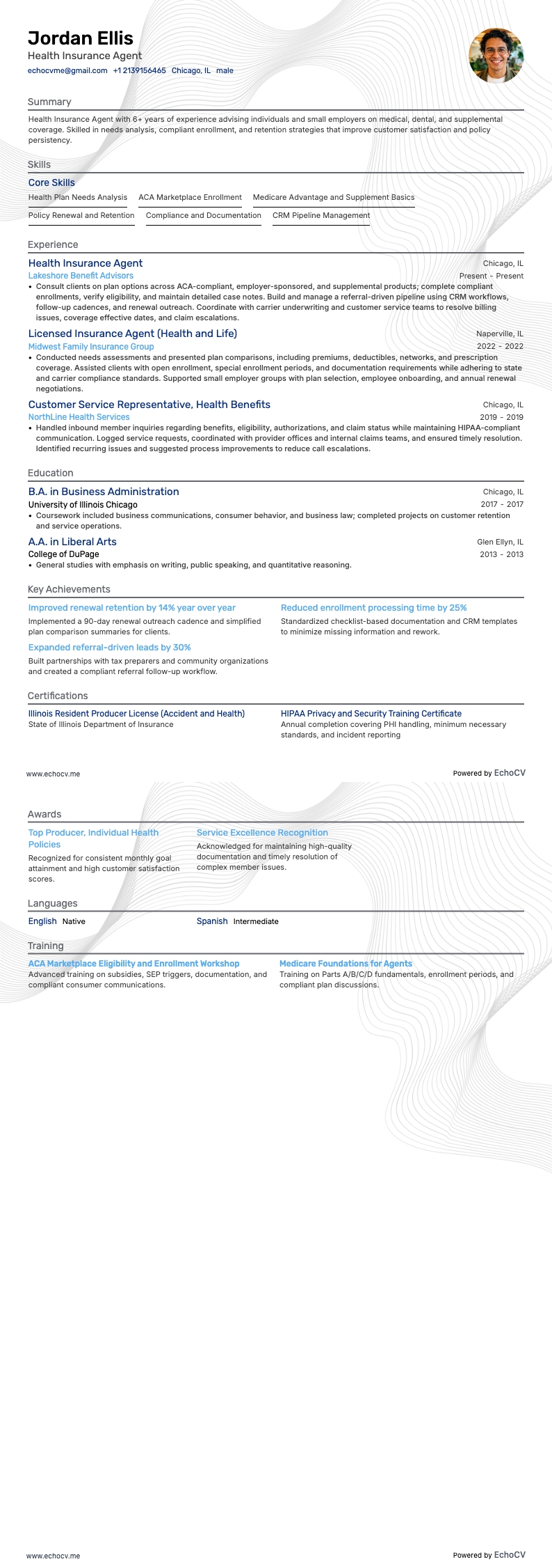 Health Insurance Agent example resume